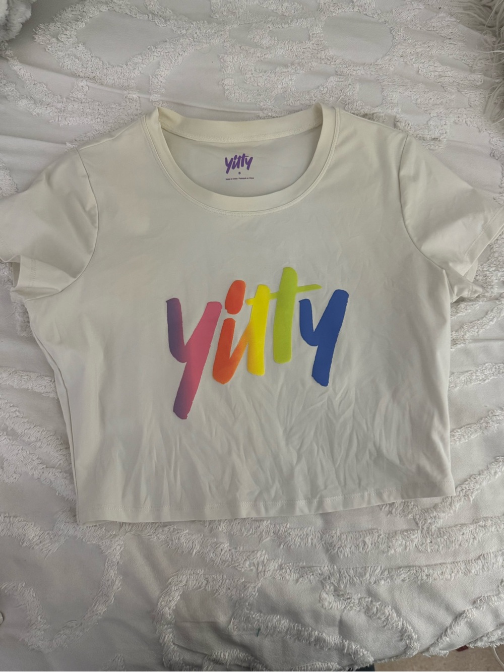 YITTY White Crop Tee with Rainbow Script Logo